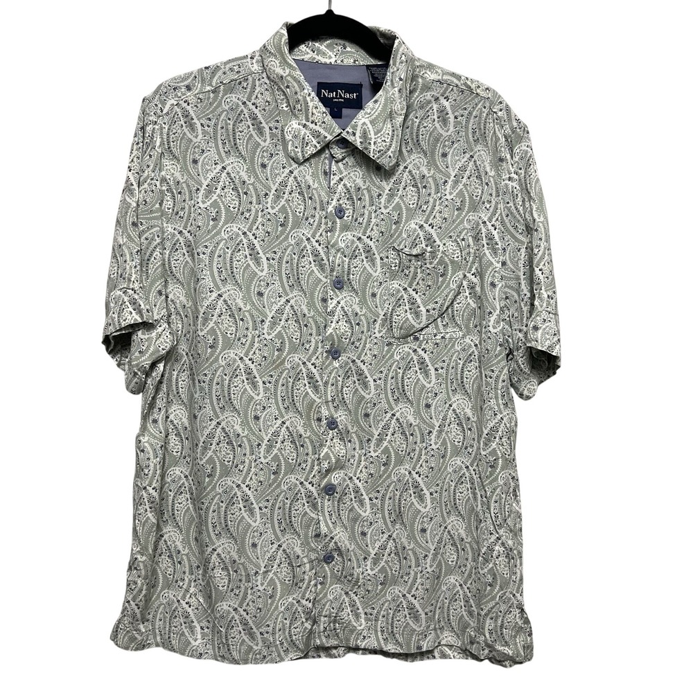 Nat Nast Green Paisley‎ Mens L 100% Rayon Shirt Short Sleeve Button Front